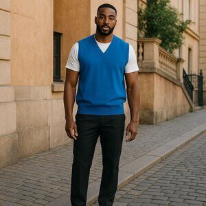 VTG Geoffrey Beene Mens L Sweater Vest Blue V Neck Golf Pullover Knit USA Retro